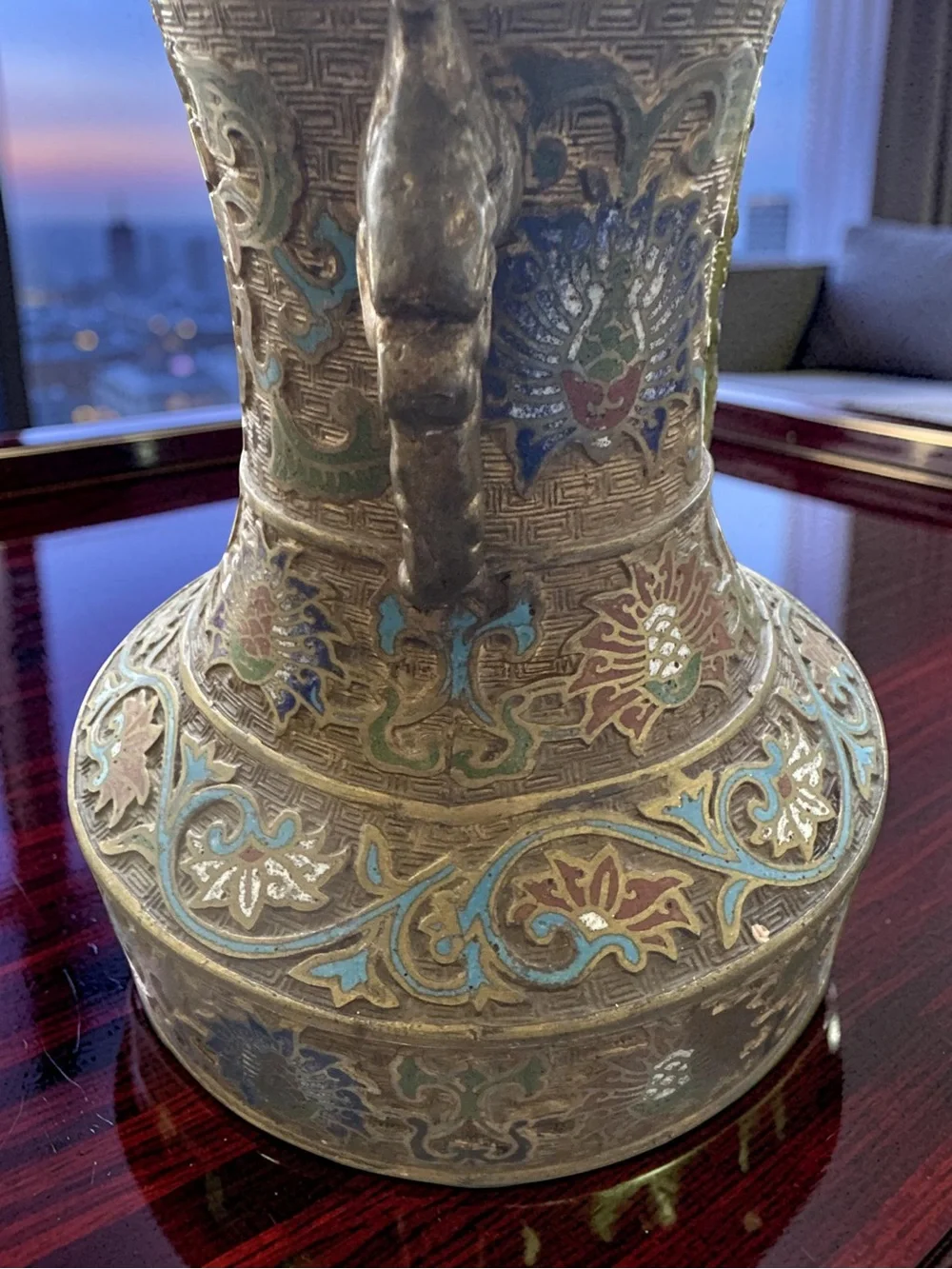 Antique Asian  Enamel Cloisonne Bronze  Multicolored Urn Vase 12” Tall !!!